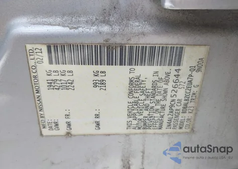 2012 Nissan Altima 2.5 S z USA, uszkodzony, nr VIN 1N4AL2AP9CN526644